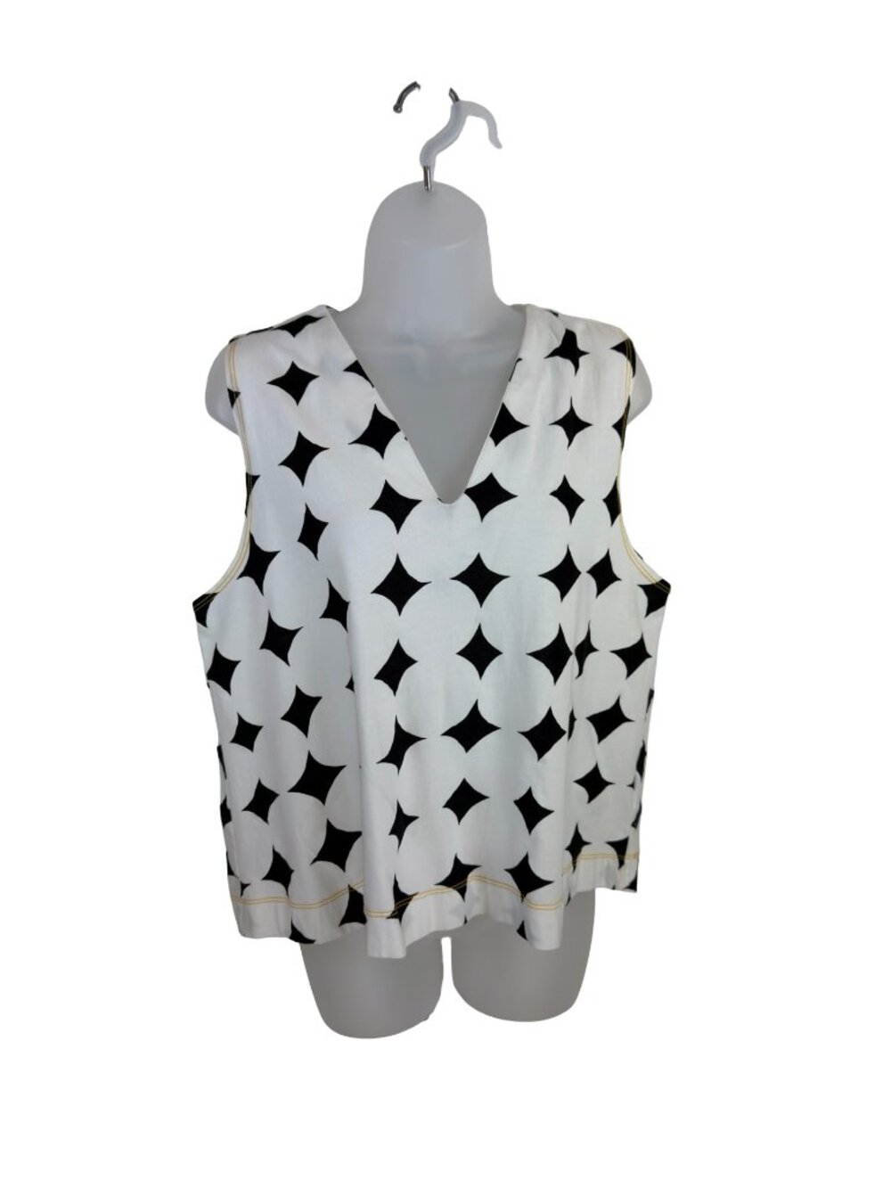 Bimba y Lola White and Black Bold  Neck Sleeveless Top Yellow Stitching Large